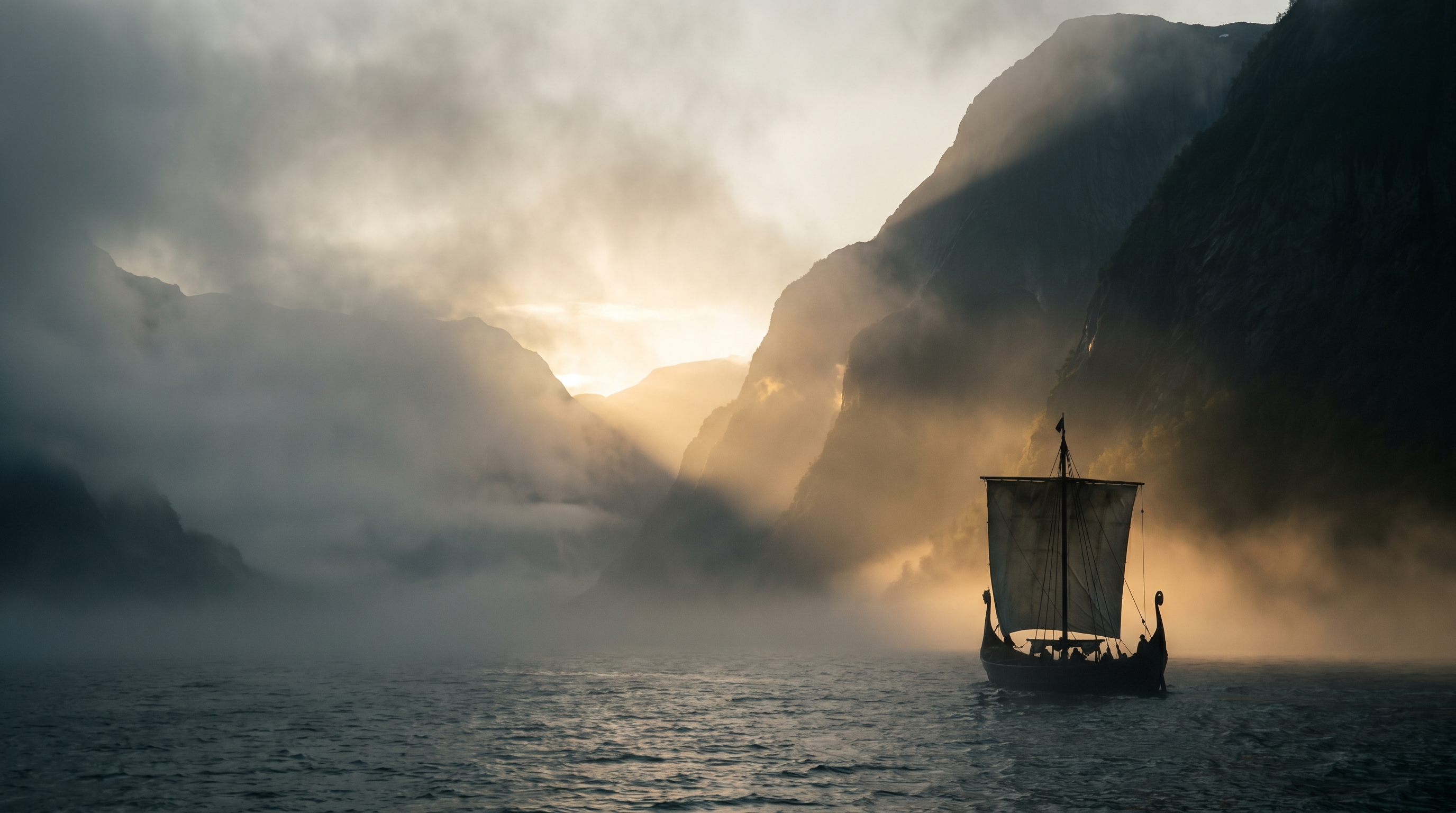 Viking longship in a misty fjord at dawn