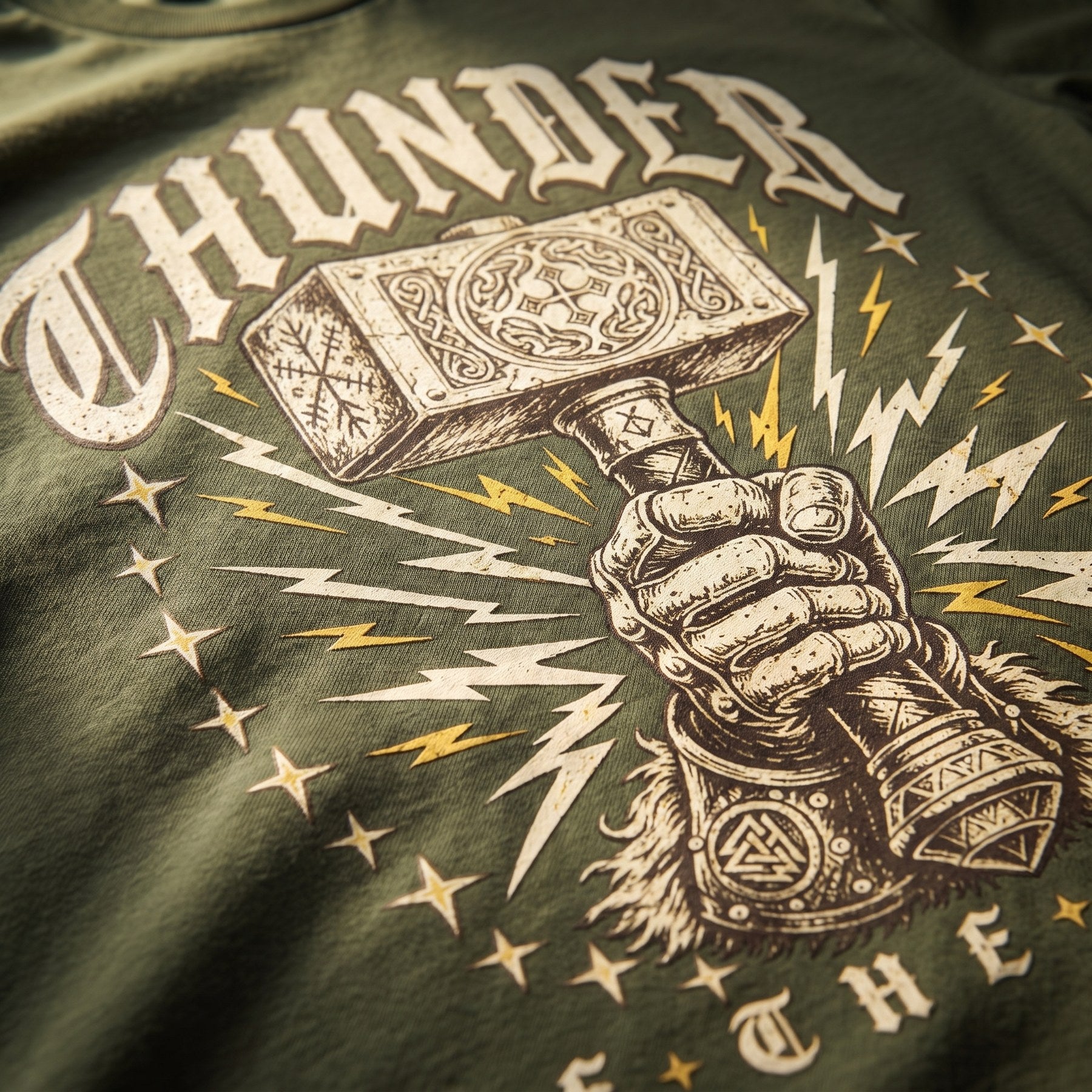 Close-up of the Thunder of the North hammer print on an olive tee